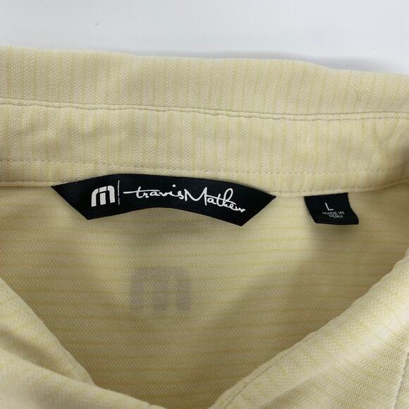 Travis Mathew Large Yellow Gray Striped Short Sleeve Golf Polo Shirt - Picture 2 of 5